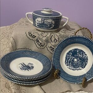 Blue and White Transferware Dinner Plates and Sugar Bowl Set